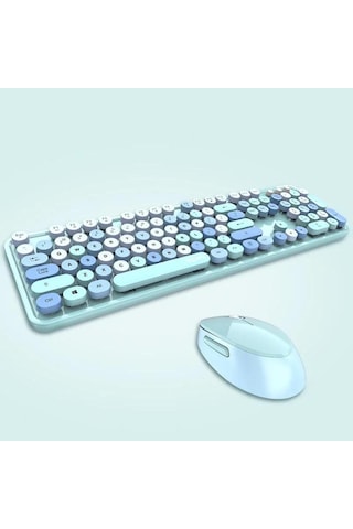 Renkli Daktilo Tarzı Vintage Mekanik Klavye Mouse Pc Laptop Uyumlu Kablosuz