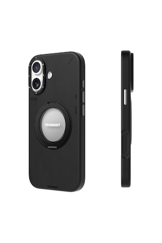 Apple Uyumlu iPhone 17 Kılıf M-safeli 360 Derece Standlı Basit Mat Deri Desenli Youngkit Tech Leather Kapak Siyah Siyah