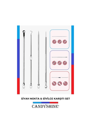 Candyshine Paslanmaz Çelik Sivilce Akne ve Siyah Nokta Temizleme Komedon Seti 4'lü