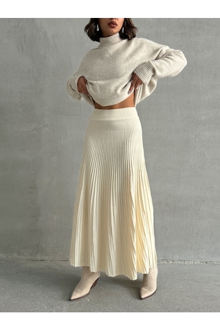 Kadın Piliseli Uzun Triko Etek Krem