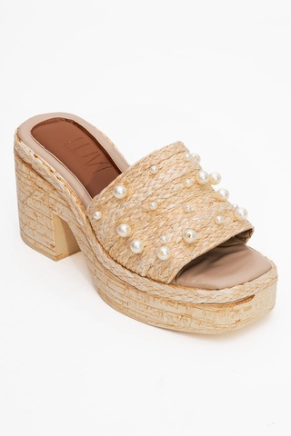 Luvishoes Luvi Shoes Rayne Bej Hasır İncili Kadın Platform Topuklu Terlik Bej
