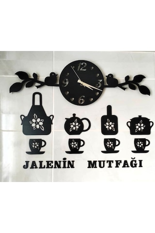 Mutfak Duvar Saati Ve Duvar Dekoru Set Kişiye Özel Siyah