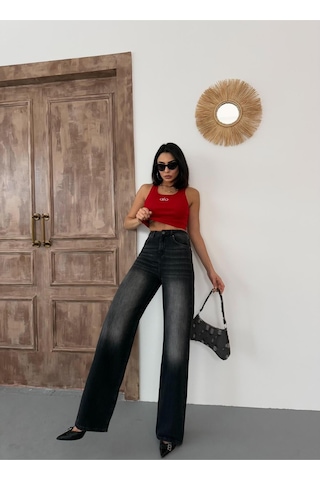 Kadın Wide-leg Yüksek Bel Geniş Paça Kot Pantolon Koyu Füme Siyah+koyu Füme