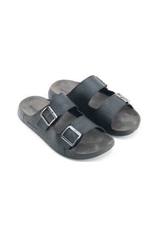 Gezer Naturela Comfort Erkek Yazlık Suni Deri Çift Toka Ayarlanabilir Rahat Taban Günlük Terlik Siyah