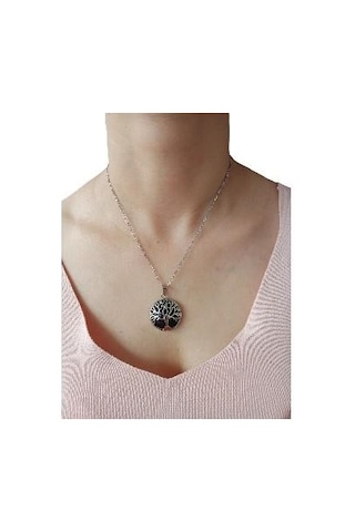 Siyah Yıldız Doğal Taşlı Hayat Ağacı Çelik Kolye - Kadın