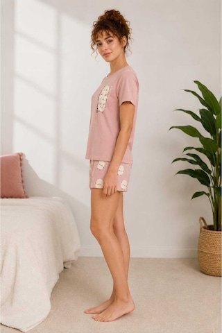 Pijamask Kadın Pudra Pembe Baskılı Kısa Kollu Pijama Takımı Pembe