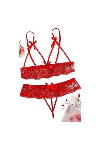 Liona Büyük Beden Fantazi Iç Giyim Açık Seksi Sütyen G String Takımı Kırmızı