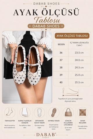 Dabab Shoes Penelop Kadın Krem Saten Puantiyeli Fiyonk Detaylı Tokalı Mary Jane Babet Ayakkabı Ve Zincirli Çanta Seti