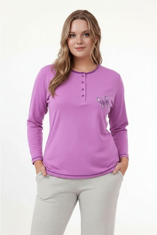 Kadın Bisiklet Yaka Düğmeli Kelebek Nakışlı Uzun Kol Büyük Beden Pamuk Curve Gecelik mor