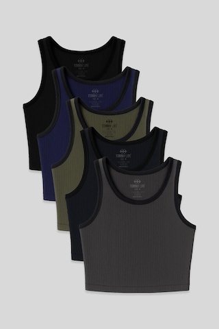 Basic U Yaka 5li Paket Kadın Crop Top Atlet - 97160 Siyah - Krem