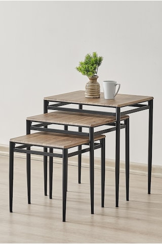 Damrin Serisi Traverten Desen 1. Sınıf Mebran Mdf 3 Lü Zigon Sehpa Takımı Ceviz Desen - Siyah Ayak