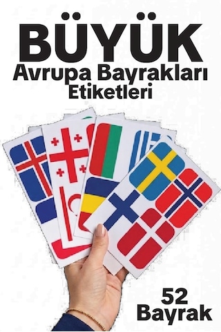 Avrupa Ülkeleri Büyük Bayrak Çıkartma Seti 52 Ülke 8,4x6 Cm Sticker Okul Proje Etiketi Çok Renkli