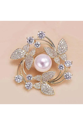 Monyee Kelebek Desenli İkiz Perl Yaka İğnesi - Kc Altın Kaplama, Zirve Eleganlığa Sahip Giyim Aksesuarı Çok Renkli