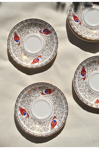 6'lı Porselen Çay Tabağı Altın İşlemeli Kırmızı Lale Gold 12 Cm Çay Tabak Seti -redlal Kırmızı Gold