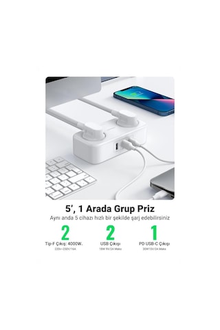 Ugreen Type-C Usb Çıkışlı 2'li 1.8 M Akım Korumalı Priz (Teşhir)