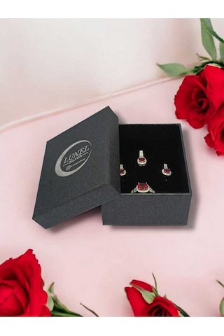 925 Ayar Gümüş Koyu Pembe Yakut Taşlı Takı Seti Kolye Ucu, Yüzük Ve Küpe Gümüş