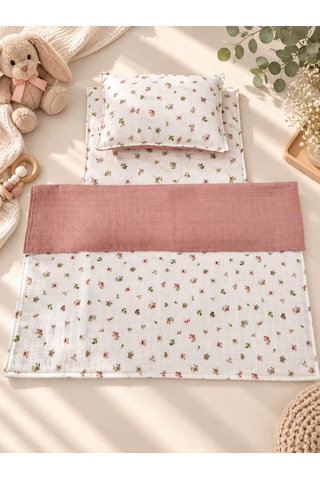 Sallhome Baby Gül Kurusu Çiçek Desenli Müslin 3'lü Bebek Alt Açma Seti Minder - Battaniye ve Yastık