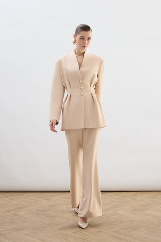Sateen Gold Düğmeli Uzun Ceket - Bej-136771 Bej