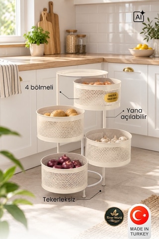 River World Tekerleksiz Rengi Krem Açılabilen 4 Katlı Çok Amaçlı Metal Raf Mutfak, Balkon, Kiler Çok Renkli