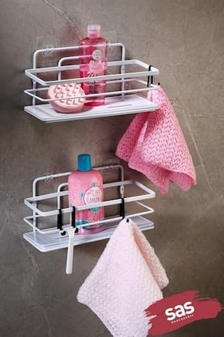 Haus Yapışkanlı Ömür Boyu Paslanmaz Kristal Ayarlanabilir Raf Banyo Düzenleyici Şampuanlık 2 Adet Beyaz - Siyah