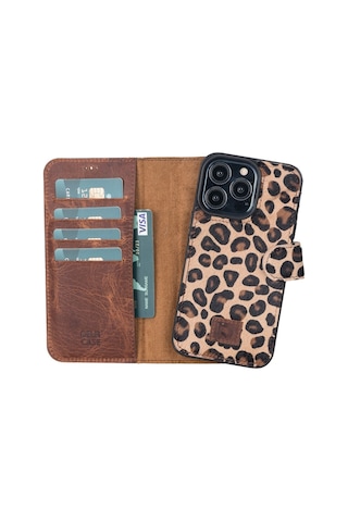 Apple Uyumlu iPhone 13 Pro Deri Cüzdanlı Kılıf Leopar Desen