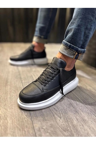 Mevese Meverk Cilt Erkek Sneaker Ayakkabı Kalın Taban Günlük Siyah