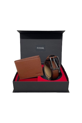 Fossil Taba Cüzdan& 3,5 Cm Hakiki Deri Kemer Seti 110 Cm Taba