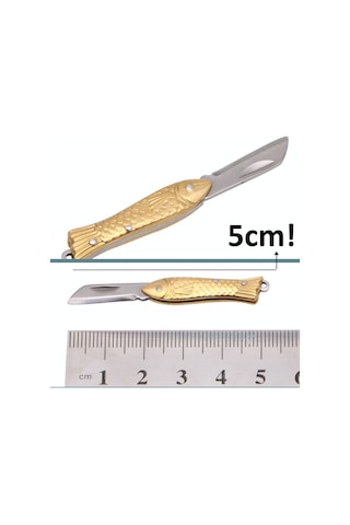 Omeniv 5 Cm Vintage Stil Pirinç Balık Saplı Kamp Çakı Anahtarlık Altın