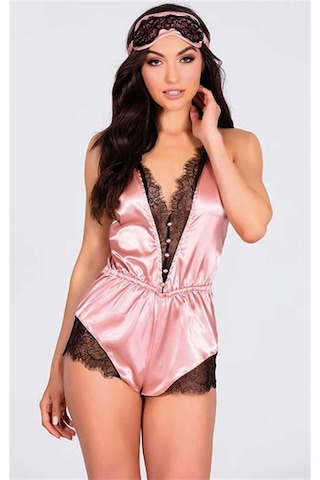 Ang Butik Pembe Dantelli Sırtı Çapraz Saten Şort Tulum Pembe
