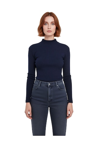 Ersefa Moda Dik Yaka Örme Slim Düz Desen Casual Günlük Regular Uzun Kol Lacivert