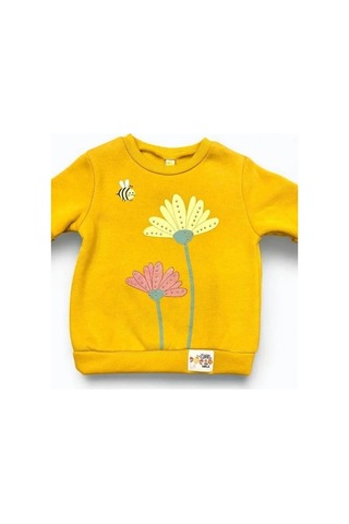 Kız Çocuk Kolları Fırfırlı İçi Şardonlu Çiçek Baskılı Sweatshirt-14348 HARDAL