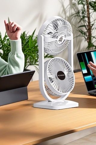 Torima F-22 Beyaz Mini Fan Taşınabilir Çift Başlıklı Sessiz Vantilatör Type-c Girişli, 3 Kademeli Hız Ayarı