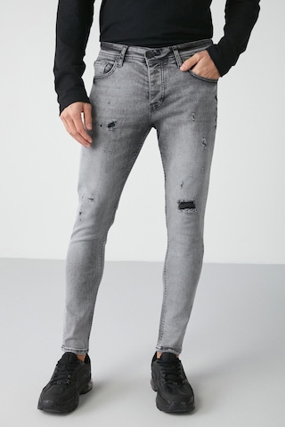 Grimelange GRIMELANGE Johen Erkek Skinny Fit Yıpratmalı Esnek Yapılı Kalın Dokulu Denim Kot Açık Gri Jeans Açık Gri