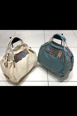 Sentt Büyük Boncuklu Kot Kumaş Çanta-Turkuaz