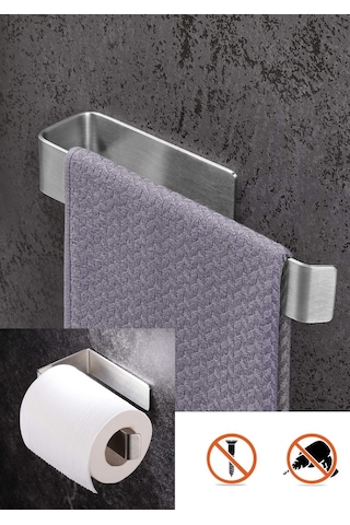 Paslanmaz Çelik Yapışkanlı Havluluk Ve Tuvalet Kağıtlığı Set Inox