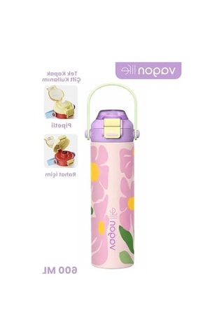 600 Ml Paslanmaz Çelik Termos - Pipetli Ve Rahat Kullanım Açık Beyaz