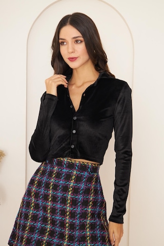Kadın Siyah Kadife Uzun Kollu Crop Gömlek Dm9003 Siyah