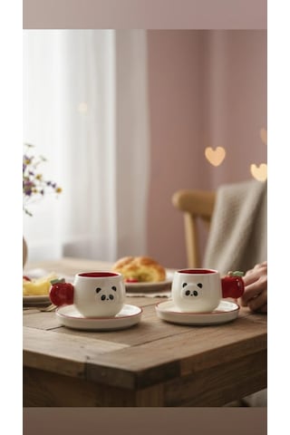 Panda Figürlü 2 Li Fincan Seti Elma Kulplu Seramik Kahve Fincanı Fincan Takımı Hediye Fincan Beyaz - Kırmızı