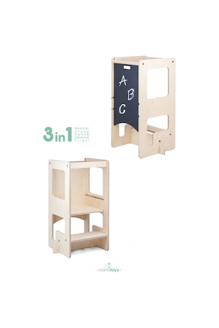 Flip Natural 3'ü 1 Arada Öğrenme Kulesi & Aktivite Masası & Yazı Tahtası Natural