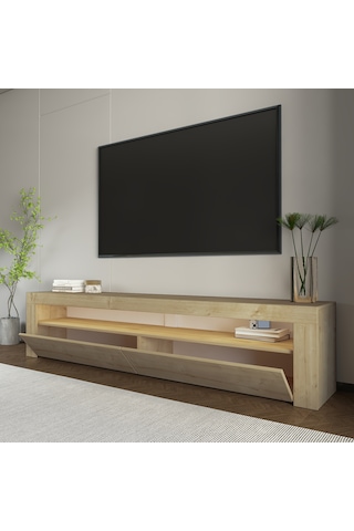 Batı Led Işıklı 2 Kapaklı Tv Sehpası 150 Cm Minimal Tasarım Safir Meşe