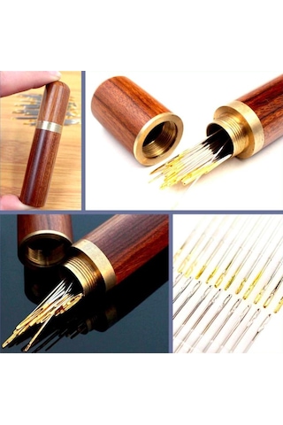 Omeniv 24 adet Özel Dikiş İğnesi Doğal Ahşap Pirinç Kutu