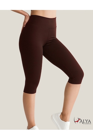 Diz Altı Kapri Tayt Yüksek Bel Likralı Parlak Dalgıç Kumaş, Antrasit Füme Kahverengi