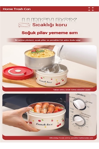 Moveevo 1050ml Çelik Isı Saklama Yemek Kutusu, Çift Katlı Öğrenci Bento, Kiraz Desenli, Isı Yelpazesi Ve Besteği İle 440ml+600ml Beyaz - Kırmızı