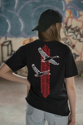 Spoyi Red Heritage Bird Tasarımlı %100 Pamuk Yarım Oversize Siyah T-shirt