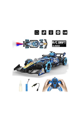Sesli Işıklı Şarjlı 1:10 Büyük Ölçek Kumandalı Duman Atan Full Fonksiyon F1 Araç Rc Oyuncak Araba Mavi Mavi