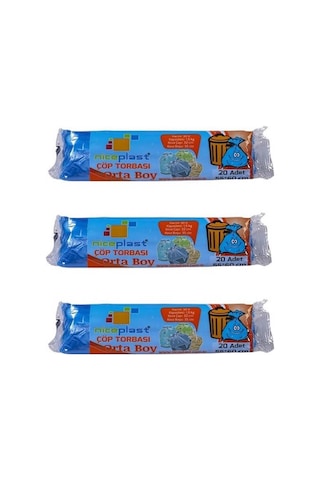 Niceplast Orta Boy Çöp Torbası Poşeti Mavi 55 x 60 CM 30 L 3 x 20'li