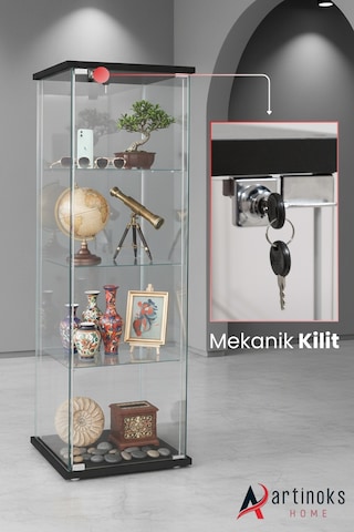 3 Raflı Kilitli Cam Vitrin Dolap Gümüşlük Koleksiyon Sergi Kitaplık Büfe Mutfak Raflı Detolf Siyah