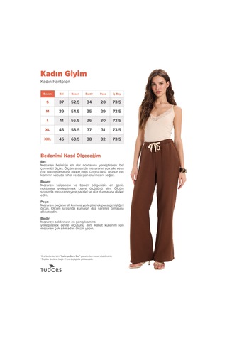 Tudors Kadın %100 Pamuk Baggy Fit Rahat Kesim Lastikli Bel Müslin Kumaş Cepli Kahverengi Pantolon-51089