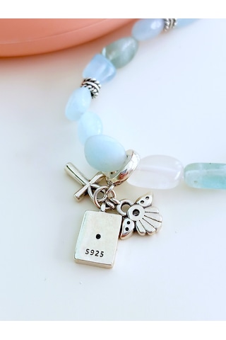 18 Ayar Altın Kaplama Ank Haç Tasarım Aqua Marın Doğal Taşlı Gümüş Kadın Bileklik Doğum Günü Hediye Gümüş