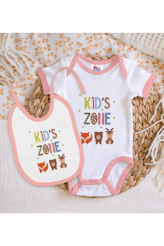 Bk Kids Kid's Zone Tasarımlı Pembe Bebek Body Zıbın Ve Mama Önlüğ Çok Renkli